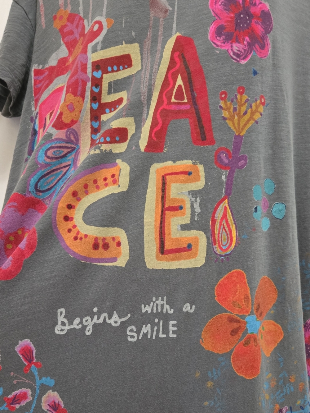 Life Is A Canvas Cotton Maxi T-Shirt Dress Natural Life Peace Floral - Picture 10 of 13